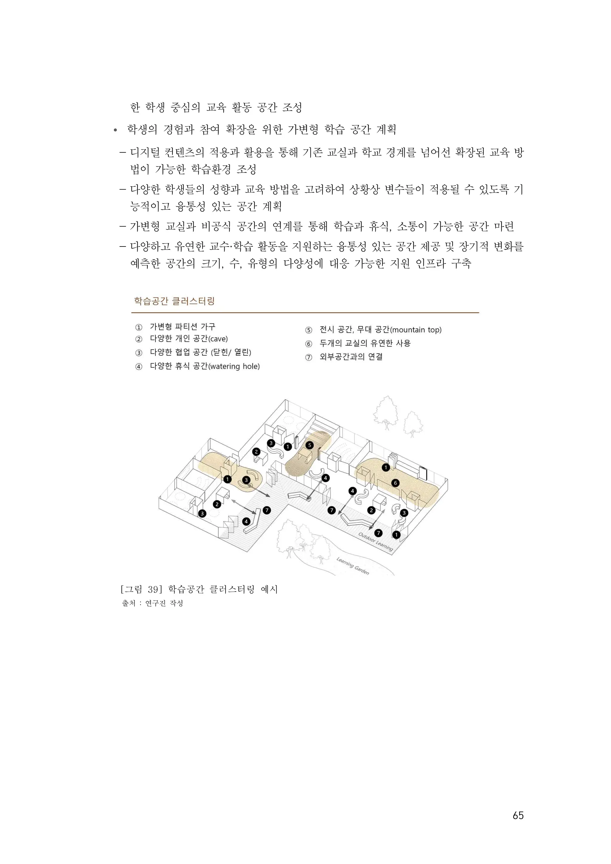 65
한 학생 중심의 교육 활동 공간 조성
Ÿ 학생의 경험과 참여 확장을 위한 가변형 학습 공간 계획
- 디지털 컨텐츠의 적용과 활용을 통해 기존 교실과 학교 경계를 넘어선 확장된 교육 방
법이 가능한 학습환경 조성
- 다양한 학생들의 성향과 교육 방법을 고려하여 상황상 변수들이 적용될 수 있도록 기
능적이고 융통성 있는 공간 계획
- 가변형 교실과 비공식 공간의 연계를 통해 학습과 휴식, 소통이 가능한 공간 마련
- 다양하고 유연한 교수·학습 활동을 지원하는 융통성 있는 공간 제공 및 장기적 변화를
예측한 공간의 크기, 수, 유형의 다양성에 대응 가능한 지원 인프라 구축
[그림 39] 학습공간 클러스터링 예시
출처 : 연구진 작성
 