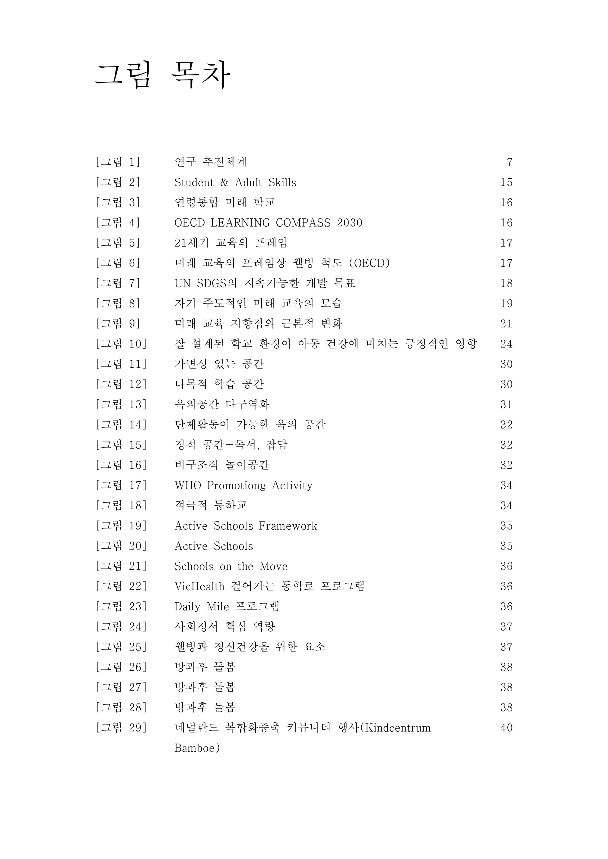 [그림 1]
[그림 2]
[그림 3]
[그림 4]
[그림 5]
[그림 6]
[그림 7]
[그림 8]
[그림 9]
[그림 10]
[그림 11]
[그림 12]
[그림 13]
[그림 14]
[그림 15]
[그림 16]
[그림 17]
[그림 18]
[그림 19]
[그림 20]
[그림 21]
[그림 22]
[그림 23]
[그림 24]
[그림 25]
[그림 26]
[그림 27]
[그림 28]
[그림 29]
연구 추진체계
Student & Adult Skills
연령통합 미래 학교
OECD LEARNING COMPASS 2030
21세기 교육의 프레임
미래 교육의 프레임상 웰빙 척도 (OECD)
UN SDGS의 지속가능한 개발 목표
자기 주도적인 미래 교육의 모습
미래 교육 지향점의 근본적 변화
잘 설계된 학교 환경이 아동 건강에 미치는 긍정적인 영향
가변성 있는 공간
다목적 학습 공간
옥외공간 다구역화
단체활동이 가능한 옥외 공간
정적 공간-독서, 잡담
비구조적 놀이공간
WHO Promotiong Activity
적극적 등하교
Active Schools Framework
Active Schools
Schools on the Move
VicHealth 걸어가는 통학로 프로그램
Daily Mile 프로그램
사회정서 핵심 역량
웰빙과 정신건강을 위한 요소
방과후 돌봄
방과후 돌봄
방과후 돌봄
네덜란드 복합화증축 커뮤니티 행사(Kindcentrum
Bamboe)
7
15
16
16
17
17
18
19
21
24
30
30
31
32
32
32
34
34
35
35
36
36
36
37
37
38
38
38
40
그림 목차
 