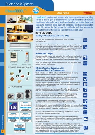 ­
w
ww.miraco.com.eg
Ducted Split Systems
2
Heat Pump
30K - 36K - 42K
12K - 18K - 24K 48K - 60K
SMART CONTROLS
OUTDOOR UNITS
mediumstaticpressure,slimline,compactdimensionsceiling
concealed ducted split is for commercial applications for the optimum air
conditioningsolutionforplaceswhichrequireceilinginstallationabovefalse
ceiling and minimum sound levels. Its slim profile and flexible installation
make this system the best choice for residential and light commercial
applications where the units are practically hidden from view.
$
EFFICIENT, TROPICAL & QUIET
Room Wired
Controller
Wireless
Remote Control
Compact invisible indoor unit with ultra slim profile and low height is
just 210 mm for sizes 12K-18K, 249 mm for sizes 24K-30K, 300 mm for
sizes 36K - 42K - 48K - 60K suitable for low false ceiling applications.
Modern Slim Design
Advanced heat transfer and aerodynamics technologies to ensure
prefect operation up to 52°C outdoor ambient temperature for
energy saving and low operating cost.
Efficient Air Management System (AMS) of blow through design
leading to maximum air flow with minimum turbulence for
minimum air resistance, smooth airflow and efficient operation.
Carrier innovative outdoor axial fan technology for efficient
operation with minimum air resistance and maximum air flow.
Carrier innovative double inlet, double width forward curved centrifugal
blower technology driven by 3 speeds high efficiency motor permanent
split capacitor type with low power consumption .
Efficient indoor and outdoor coils with large heat transfer surfaces
for minimum electrical consumption.
Efficient tropical compressor works in high ambient temperature up
to 52°C with high efficiency and low electrical consumption leading
to true powerful system cooling.
$
AMS
Smart LED display panel shows control functions and also shows error
code in case of a malfunction.
Efficient Inner grooved copper tubing compared with traditional
copper tubing, it allows more refrigerant flow, improves heat exchange
efficiency and lowers power consumption while keeping the same
capacity output level.
Precoated Hydrophilic Golden Fins of indoor and outdoor coils to
protect the coil against corrosion and to allow easy and quick removal
of unrestricted condensate water between the coil fins to increase
airflow, improve heat exchange efficiency and accelerate cooling
process and provide higher efficiency with longer life and better
corrosion resistance making it the best choice for coastal areas.
IAQ
The indoor unit is fitted with a fresh air knock out panel that can be
utilized to introduce fresh air into the room. This helps prevent the
build of stale air and enhances air quality in working environments
and enclosed applications without natural fresh air supply.
Efficient anti dust washable aluminim air filters for clean
and healthy air.
Superior air distribution performance : Three fan speeds to satisfy air
flow and static pressure requirements to suit various applications.
0~150
Pa
Healthy & Clean Indoor Air Quality (IAQ)
KEY FEATURES
Efficient Tropical Operation with
Minimum Electrical Consumption
R-410A
HFC
Works with the new R-410A refrigerant which increases its energy
efficiency and does not degrade the ozone layer.
Certified By Russian Register
Certificate Number :
20.0297.026
Occupational Health and
Safety Management System
ISO 45001 : 2018
ied By TUV
ate Number :
0296.026
ronmental
ment System
001 : 2015
Certified By DNV.GL
Certificate Number :
197044-2016-AQ-EGY-UKAS
Quality Management System
QMS ISO 9001 : 2015
Certified By Russian Register
Certificate Number :
20.0297.026
Occupational Health and
Safety Management System
ISO 45001 : 2018
Certified By TUV
Certificate Number :
20.0296.026
Environmental
Management System
ISO 14001 : 2015
By EGAC/ilac-MRA
ate Number :
40523A
nd Calibration
oratories
17025 : 2017
Certified By DNV.GL
Certificate Number :
197044-2016-AQ-EGY-UKAS
Quality Management System
QMS ISO 9001 : 2015
Certified By Russian Register
Certificate Number :
20.0297.026
Occupational Health and
Safety Management System
ISO 45001 : 2018
Certified By TUV
Certificate Number :
20.0296.026
Environmental
Management System
ISO 14001 : 2015
Accredited By EGAC/ilac-MRA
Certificate Number :
040523A
Testing and Calibration
Laboratories
ISO/IEC 17025 : 2017
Certified By DNV.GL
Certificate Number :
197044-2016-AQ-EGY-UKAS
Quality Management System
QMS ISO 9001 : 2015
ed By DNV.GL
ate Number :
16-AQ-EGY-UKAS
agement System
9001 : 2015
 