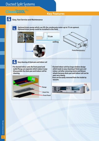 ­
w
ww.miraco.com.eg
Ducted Split Systems
6
Key Features
Easy, Fast Service and Maintenance
Optional drain pump which can lift the condensate water up to 75 cm upmost.
Optional drain pump could be installed in the field.
Easycleaningofdrainpanandindoorcoil
For ducted indoor unit, the front panel and
outlet flange are separate which makes it easy
disassemble the drain pan and indoor coil for
cleaning.
Ducted indoor unit has large window design
which leads to easy cleaning of drain pan and
indoor coil after removing motor and blower
wheels because drain pan and indoor coil can be
seen very clearly.
Dust can be easily removed from the inside by
vacuum.
75 cm
ceiling
Flange
Drain Pan
Front Panel
Pump Maintenance
 