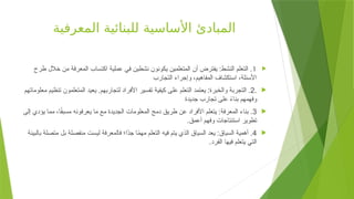 ‫المعرفية‬ ‫للبنائية‬ ‫األساسية‬ ‫المبادئ‬

1
‫طرح‬ ‫خالل‬ ‫من‬ ‫المعرفة‬ ‫اكتساب‬ ‫عملية‬ ‫في‬ ‫نشطين‬ ‫يكونون‬ ‫المتعلمين‬ ‫أن‬ ‫يفترض‬ :‫النشط‬ ‫التعلم‬ .
‫التجارب‬ ‫وإجراء‬ ،‫المفاهيم‬ ‫استكشاف‬ ،‫األسئلة‬

.
2
‫معلوماتهم‬ ‫تنظيم‬ ‫المتعلمون‬ ‫يعيد‬ .‫لتجاربهم‬ ‫األفراد‬ ‫تفسير‬ ‫كيفية‬ ‫ى‬+‫ل‬‫ع‬ ‫التعلم‬ ‫يعتمد‬ :‫والخبرة‬ ‫التجربة‬ .
‫جديدة‬ ‫تجارب‬ ‫على‬ ً
‫ء‬‫بنا‬ ‫وفهمهم‬

3
‫إلى‬ ‫يؤدي‬ ‫مما‬ ،‫ا‬ً
‫ق‬‫مسب‬ ‫يعرفونه‬ ‫ما‬ ‫مع‬ ‫الجديدة‬ ‫المعلومات‬ ‫دمج‬ ‫طريق‬ ‫عن‬ ‫األفراد‬ ‫يتعلم‬ :‫المعرفة‬ ‫بناء‬ .
.‫أعمق‬ ‫وفهم‬ ‫استنتاجات‬ ‫تطوير‬

4
‫بالبيئة‬ ‫ة‬+‫ل‬‫متص‬ ‫بل‬ ‫منفصلة‬ ‫ليست‬ ‫فالمعرفة‬ ‫ًا؛‬
‫د‬‫ج‬ ‫ا‬ً
‫م‬‫مه‬ ‫التعلم‬ ‫فيه‬ ‫يتم‬ ‫الذي‬ ‫السياق‬ ‫يعد‬ :‫السياق‬ ‫أهمية‬ .
.‫الفرد‬ ‫فيها‬ ‫يتعلم‬ ‫التي‬
 