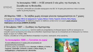26 Μαρτίου 1995 — Τα ταξίδια χωρίς σύνορα γίνονται πραγματικότητα σε 7 χώρες
Η συμφωνία του Σένγκεν τίθεται σε εφαρμογή σε 7 χώρες: Βέλγιο, Γαλλία, Γερμανία, Ισπανία, Κάτω Χώρες,
Λουξεμβούργο και Πορτογαλία. Οι ταξιδιώτες μπορούν να ταξιδεύουν μεταξύ αυτών των χωρών χωρίς ελέγχους
διαβατηρίων στα σύνορα (ΣΗΜΕΡΑ 26 ΧΩΡΕΣ)
2 Οκτωβρίου 1997 — Συνθήκη του Άμστερνταμ
Υπογράφεται η Συνθήκη του Άμστερνταμ. προτείνει σχέδια για μεταρρυθμίσεις στα θεσμικά όργανα της ΕΕ και προκειμένου να
ενισχυθεί η φωνή της Ευρώπης στον κόσμο και να διατεθούν περισσότεροι πόροι για την απασχόληση και τα δικαιώματα των πολιτών.
Αρχίζει να ισχύει την 1η Μαΐου 1999.
Η Δανία, η Σουηδία και το Ηνωμένο Βασίλειο αποφασίζουν να μείνουν, προσωρινά, εκτός ευρωζώνης.
ΕΠΙΣΗΣ,
1η Ιανουαρίου 1995 — Η ΕΕ αποκτά 3 νέα μέλη: την Αυστρία, τη
Σουηδία και τη Φινλανδία.
Η Αυστρία, η Φινλανδία και η Σουηδία προσχωρούν στην ΕΕ. Τα 15 κράτη μέλη καλύπτουν πλέον το σύνολο
σχεδόν της Δυτικής Ευρώπης.
1η Ιανουαρίου 1999 — Γεννιέται το ευρώ
Το ευρώ καθιερώνεται σε 11 χώρες μόνο για εμπορικές και
χρηματοπιστωτικές συναλλαγές.
Οι πρώτες χώρες της ευρωζώνης είναι η Αυστρία, το Βέλγιο, η Γαλλία, η
Γερμανία, η Ιρλανδία, η Ισπανία, η Ιταλία, οι Κάτω Χώρες, το
Λουξεμβούργο, η Πορτογαλία και η Φινλανδία.
 