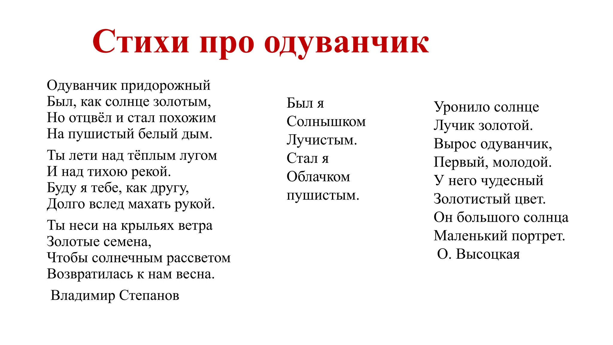 Стихи про одуванчик
Одуванчик придорожный
Был, как солнце золотым,
Но отцвёл и стал похожим
На пушистый белый дым.
Ты лети над тёплым лугом
И над тихою рекой.
Буду я тебе, как другу,
Долго вслед махать рукой.
Ты неси на крыльях ветра
Золотые семена,
Чтобы солнечным рассветом
Возвратилась к нам весна.
Владимир Степанов
Был я
Солнышком
Лучистым.
Стал я
Облачком
пушистым.
Уронило солнце
Лучик золотой.
Вырос одуванчик,
Первый, молодой.
У него чудесный
Золотистый цвет.
Он большого солнца
Маленький портрет.
О. Высоцкая
 