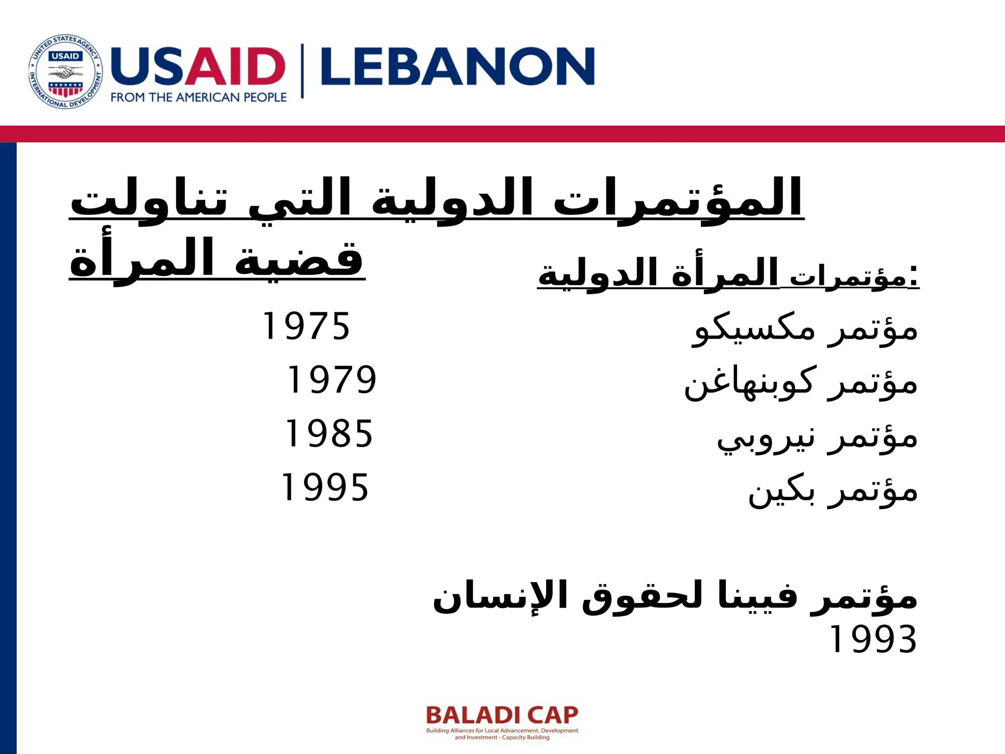‫مؤتمرات‬
‫الدولية‬ ‫المرأة‬ :
‫مكسيكو‬ ‫مؤتمر‬
1975
‫كوبنهاغن‬ ‫مؤتمر‬
1979
‫نيروبي‬ ‫مؤتمر‬
1985
‫بكين‬ ‫مؤتمر‬
1995
‫اإلنسان‬ ‫لحقوق‬ ‫فيينا‬ ‫مؤتمر‬
1993
‫تناولت‬ ‫التي‬ ‫الدولية‬ ‫المؤتمرات‬
‫المرأة‬ ‫قضية‬
 