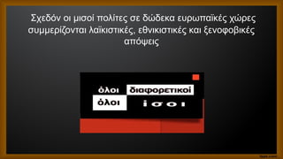 Σχεδόν οι μισοί πολίτες σε δώδεκα ευρωπαϊκές χώρες
συμμερίζονται λαϊκιστικές, εθνικιστικές και ξενοφοβικές
απόψεις
 