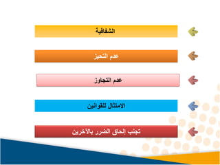‫الشفافية‬
‫عدم‬
‫التحيز‬
‫التجاوز‬ ‫عدم‬
‫االمتثال‬
‫للقوانين‬
‫باآلخرين‬ ‫الضرر‬ ‫إلحاق‬ ‫تجنب‬
 