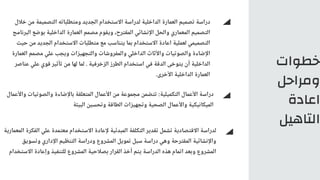 ‫خطوات‬
‫ومراحل‬
‫اعادة‬
‫التاهيل‬
‫خالل‬ ‫من‬ ‫التصميمة‬ ‫ومتطلباته‬ ‫الجديد‬ ‫االستخدام‬ ‫لدراسة‬ ‫الداخلية‬ ‫العمارة‬ ‫تصميم‬ ‫دراسة‬
‫البرنامج‬ ‫بوضع‬ ‫الداخلية‬ ‫العمارة‬ ‫مصمم‬ ‫ويقوم‬ ،‫المقترح‬ ‫اإلنشائي‬ ‫والحل‬ ‫المعماري‬ ‫التصميم‬
‫حيث‬ ‫من‬ ‫الجديد‬ ‫االستخدام‬ ‫متطلبات‬ ‫مع‬ ‫يتناسب‬ ‫بما‬ ‫االستخدام‬ ‫اعادة‬ ‫لعملية‬ ‫التصميمي‬
‫العمارة‬ ‫مصمم‬ ‫علي‬ ‫ويجب‬ ‫والتجهيزات‬ ‫والمفروشات‬ ‫الداخلي‬ ‫واألثاث‬ ‫والصوتيات‬ ‫اإلضاءة‬
‫عناصر‬ ‫علي‬ ‫قوي‬ ‫تأثير‬ ‫من‬ ‫لها‬ ‫لما‬ . ‫الزخرفية‬ ‫الطرز‬ ‫استخدام‬ ‫في‬ ‫الدقة‬ ‫يتوخى‬ ‫أن‬ ‫الداخلية‬
.‫األخرى‬ ‫الداخلية‬ ‫العمارة‬
‫واألعمال‬ ‫والصوتيات‬ ‫باإلضاءة‬ ‫المتعلقة‬ ‫األعمال‬ ‫من‬ ‫مجموعة‬ ‫تتضمن‬ :‫التكميلية‬ ‫األعمال‬ ‫دراسة‬
‫البيئة‬ ‫وتحسين‬ ‫الطاقة‬ ‫وتجهيزات‬ ‫الصحية‬ ‫واألعمال‬ ‫الميكانيكية‬
‫المعمارية‬ ‫الفكرة‬ ‫علي‬ ‫معتمدة‬ ‫االستخدام‬ ‫إلعادة‬ ‫المبدئية‬ ‫التكلفة‬ ‫تقدير‬ ‫تشمل‬ ‫االقتصادية‬ ‫لدراسة‬
‫وتسويق‬ ‫اإلداري‬ ‫التنظيم‬ ‫ودراسة‬ ‫المشروع‬ ‫تمويل‬ ‫سبل‬ ‫دراسة‬ ‫وهي‬ ‫المقترحة‬ ‫واإلنشائية‬
‫االستخدام‬ ‫وإعادة‬ ‫للتنفيذ‬ ‫المشروع‬ ‫بصالحية‬ ‫القرار‬ ‫أخذ‬ ‫يتم‬ ‫الدراسة‬ ‫هذه‬ ‫اتمام‬ ‫وبعد‬ ‫المشروع‬
 