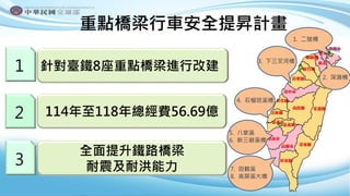 計
畫
背
景
計
畫
目
的
重點橋梁行車安全提昇計畫
1
114年至118年總經費56.69億
2
3
全面提升鐵路橋梁
耐震及耐洪能力
針對臺鐵8座重點橋梁進行改建。
4. 石榴班溪橋
5. 八掌溪
6. 新三爺溪橋
7. 田鶴溪
8. ...
