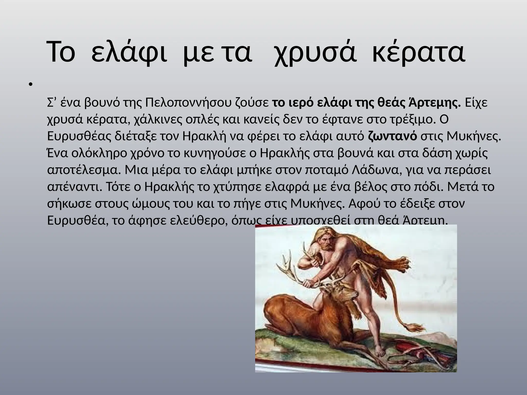 Το ελάφι με τα χρυσά κέρατα
•
Σ’ ένα βουνό της Πελοποννήσου ζούσε το ιερό ελάφι της θεάς Άρτεµης. Είχε
χρυσά κέρατα, χάλκινες οπλές και κανείς δεν το έφτανε στο τρέξιµο. Ο
Ευρυσθέας διέταξε τον Ηρακλή να φέρει το ελάφι αυτό ζωντανό στις Μυκήνες.
Ένα ολόκληρο χρόνο το κυνηγούσε ο Ηρακλής στα βουνά και στα δάση χωρίς
αποτέλεσµα. Μια µέρα το ελάφι µπήκε στον ποταµό Λάδωνα, για να περάσει
απέναντι. Τότε ο Ηρακλής το χτύπησε ελαφρά µε ένα βέλος στο πόδι. Μετά το
σήκωσε στους ώµους του και το πήγε στις Μυκήνες. Αφού το έδειξε στον
Ευρυσθέα, το άφησε ελεύθερο, όπως είχε υποσχεθεί στη θεά Άρτεµη.
 