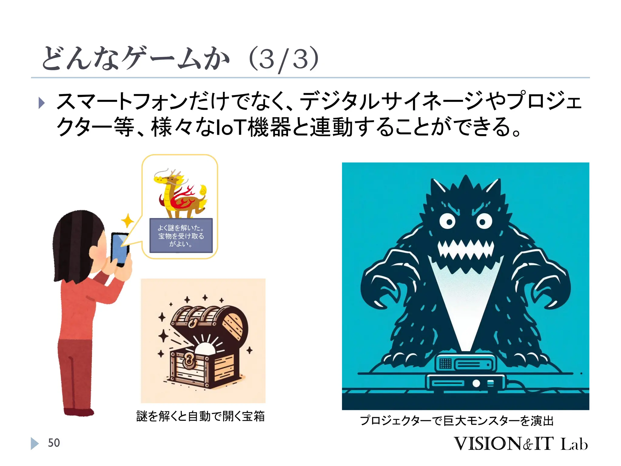 どんなゲームか（3/3）
50
 スマートフォンだけでなく、デジタルサイネージやプロジェ
クター等、様々なIoT機器と連動することができる。
謎を解くと自動で開く宝箱 プロジェクターで巨大モンスターを演出
よく謎を解いた。
宝物を受け取る
がよい。
 