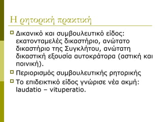 Η ρητορική πρακτική
 Δικανικό και συμβουλευτικό είδος:
εκατονταμελές δικαστήριο, ανώτατο
δικαστήριο της Συγκλήτου, ανώτατη
δικαστική εξουσία αυτοκράτορα (αστική και
ποινική).
 Περιορισμός συμβουλευτικής ρητορικής
 Το επιδεικτικό είδος γνώρισε νέα ακμή:
laudatio – vituperatio.
 