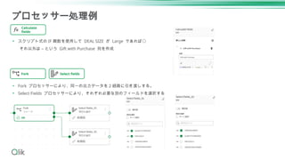 プロセッサー処理例
• スクリプト式の IF 関数を使用して DEAL SIZE が Large であれば〇
それ以外は – という Gift with Purchase 列を作成
• Fork プロセッサーにより、同一の出力データを 2 経路に引き渡しする。
• Select Fields プロセッサーにより、それぞれ必要な別のフィールドを選択する
Calculate
fields
Fork Select fields
 