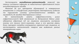 Застосовують антибіотики-аміноглікозиди зазвичай при
тяжких системних інфекціях за недостатньої ефективності інших
антибактеріальних засобів.
Механізм дії цих препаратів обумовлений їх незворотним
зв’язуванням із специфічними рецепторами бактеріальних рибосом
та порушенням синтезу цитоплазматичних мембран, що
призводить до загибелі бактеріальних клітин.
Всі аміноглікозиди мають нефротоксичність, ризик
нефротоксичності буде мінімальний за дотримання деяких умов:
адекватна гідратація під час лікування, можливість контролю
аналізу сечі (можна тест-смужками, якщо в сечі зростає рівень
білка, препарат потрібно скасовувати), короткий курс лікування, не
застосовувати аміноглікозиди тварині вже виявленим раніше
захворюванням нирок.
 