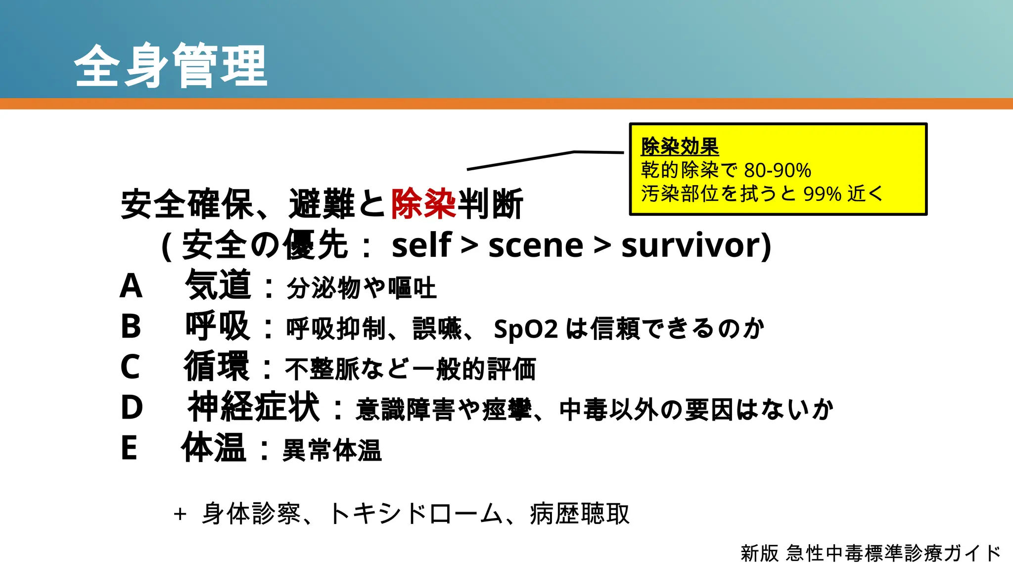 安全確保、避難と除染判断
( 安全の優先： self > scene > survivor)
A 気道：分泌物や嘔吐
B 呼吸：呼吸抑制、誤嚥、 SpO2 は信頼できるのか
C 循環：不整脈など一般的評価
D 神経症状：意識障害や痙攣、中毒以外の要因はないか
E 体温：異常体温
全身管理
除染効果
乾的除染で 80-90%
汚染部位を拭うと 99% 近く
+ 身体診察、トキシドローム、病歴聴取
新版 急性中毒標準診療ガイド
 