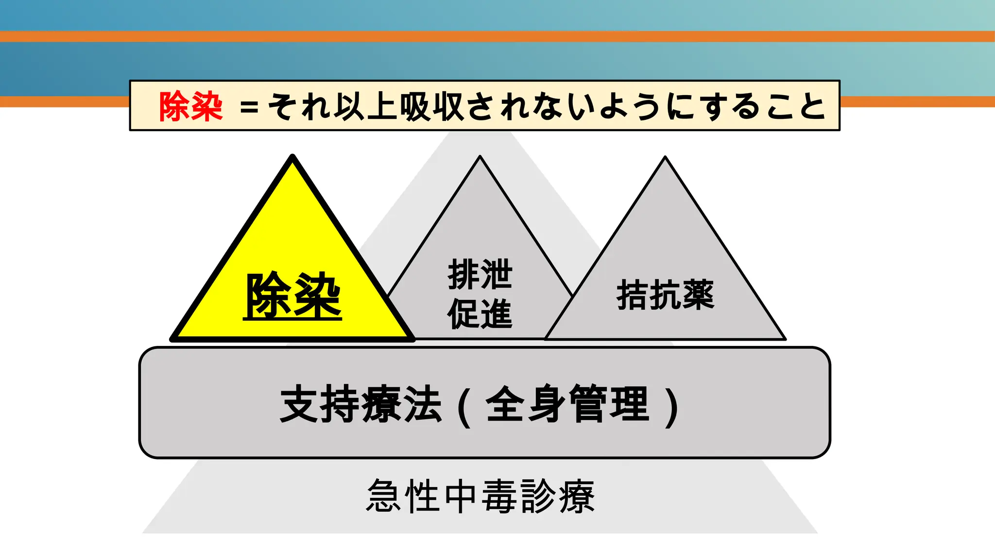 支持療法（全身管理）
排泄
促進
拮抗薬
急性中毒診療
除染 ＝それ以上吸収されないようにすること
除染
 