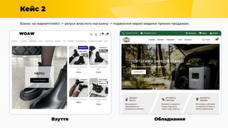 Кейс 2
Бізнес на маркетплейсі -> запуск власного магазину -> подвоєння маржі завдяки прямих продажам.
Взуття Обладнання
 