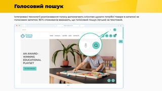 Голосовий пошук
Інтегровані технології розпізнавання голосу допомагають клієнтам шукати потрібні товари в каталозі за
голосовим запитом. 90% споживачів вважають, що голосовий пошук легший за текстовий.
 