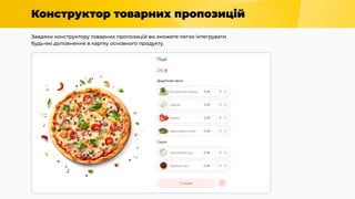 Конструктор товарних пропозицій
Завдяки конструктору товарних пропозицій ви зможете легко інтегрувати
будь-які доповнення в картку основного продукту.
 