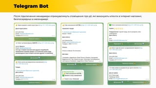 Telegram Bot
Після підключення менеджери отримуватимуть сповіщення про дії, які виконують клієнти в інтернет-магазині,
безпосередньо в месенджері.
 