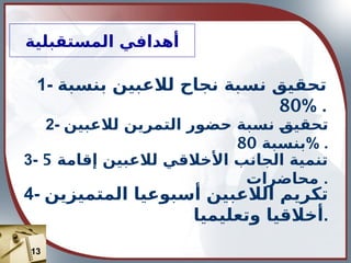 ‫المستقبلية‬ ‫أهدافي‬
1- ‫بنسبة‬ ‫لالعبين‬ ‫نجاح‬ ‫نسبة‬ ‫تحقيق‬
80% .
2- ‫لالعبين‬ ‫التمرين‬ ‫حضور‬ ‫نسبة‬ ‫تحقيق‬
‫بنسبة‬
80 % .
3- ‫إقامة‬ ‫لالعبين‬ ‫األخالقي‬ ‫الجانب‬ ‫تنمية‬
5
‫محاضرات‬ .
4- ‫المتميزين‬ ‫أسبوعيا‬ ‫الالعبين‬ ‫تكريم‬
‫وتعليميا‬ ‫أخالقيا‬.
13
 