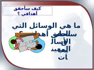 ‫سأحقق‬ ‫كيف‬
‫؟‬ ‫أهدافي‬
‫التي‬ ‫الوسائل‬ ‫هي‬ ‫ما‬
‫أهدافي؟‬ ‫ستحقق‬
‫الطر‬
‫ق‬
‫األسال‬
‫يب‬
‫المعين‬
‫ات‬
 