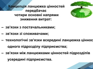 Концепція ланцюжка цінностей
передбачає
чотири основні напрями
зниження витрат:
– зв’язки з постачальниками;
– зв’язки зі споживачами;
– технологічні зв’язки всередині ланцюжка ціннос
одного підрозділу підприємства;
– зв’язки між ланцюжками цінностей підрозділів
усередині підприємства.
 