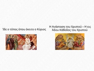 Ίδε ο τόπος όπου έκειτο ο Κύριος
Η Ανάσταση του Χριστού – Η εις
Άδου Κάθοδος του Χριστού
 