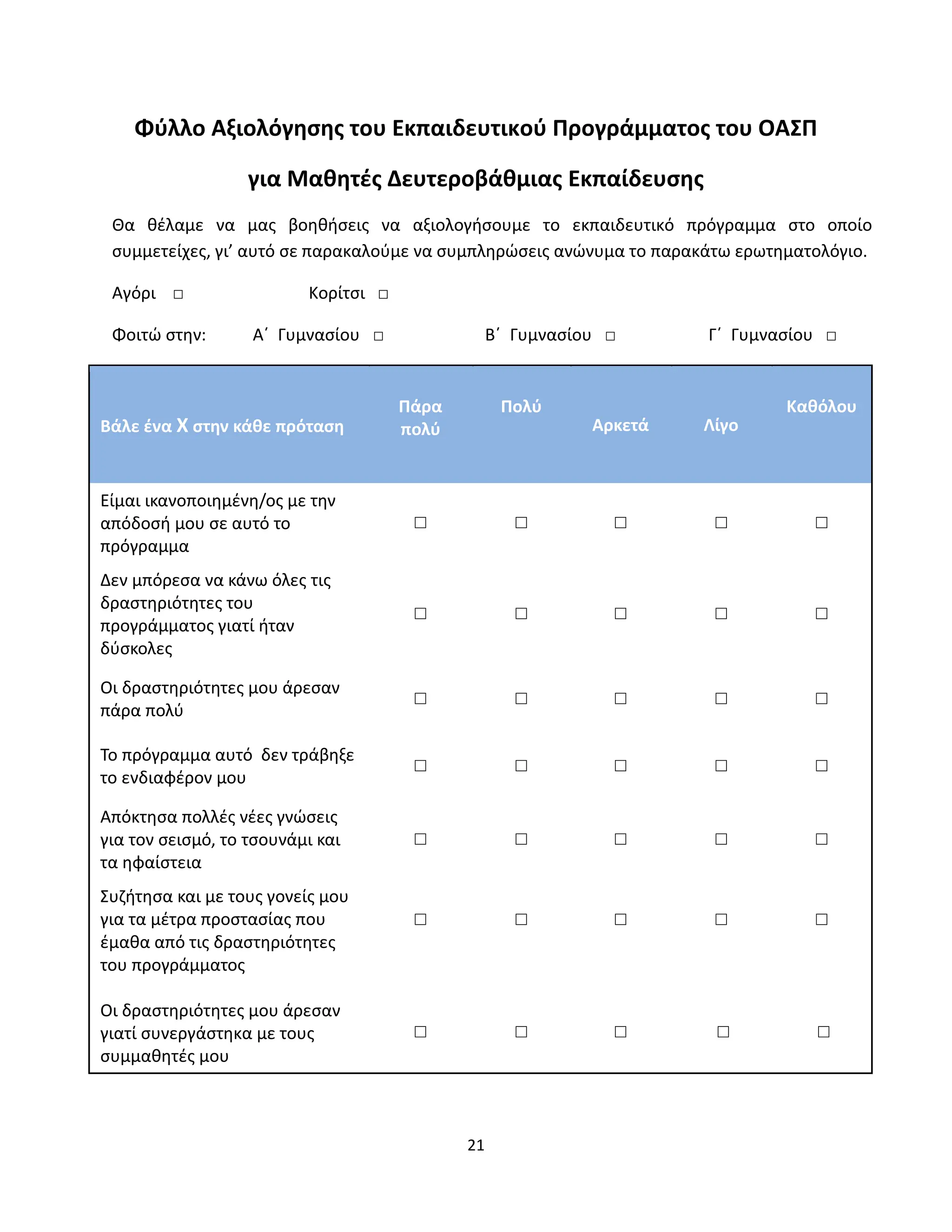 21
Φύλλο Αξιολόγησης του Εκπαιδευτικού Προγράμματος του ΟΑΣΠ
για Μαθητές Δευτεροβάθμιας Εκπαίδευσης
Θα θέλαμε να μας βοηθήσεις να αξιολογήσουμε το εκπαιδευτικό πρόγραμμα στο οποίο
συμμετείχες, γι’ αυτό σε παρακαλούμε να συμπληρώσεις ανώνυμα το παρακάτω ερωτηματολόγιο.
Αγόρι □ Κορίτσι □
Φοιτώ στην: Α΄ Γυμνασίου □ Β΄ Γυμνασίου □ Γ΄ Γυμνασίου □
Βάλε ένα Χ στην κάθε πρόταση
Πάρα
πολύ
Πολύ
Αρκετά Λίγο
Καθόλου
Είμαι ικανοποιημένη/ος με την
απόδοσή μου σε αυτό το
πρόγραμμα
□ □ □ □ □
Δεν μπόρεσα να κάνω όλες τις
δραστηριότητες του
προγράμματος γιατί ήταν
δύσκολες
□ □ □ □ □
Οι δραστηριότητες μου άρεσαν
πάρα πολύ
□ □ □ □ □
Το πρόγραμμα αυτό δεν τράβηξε
το ενδιαφέρον μου
□ □ □ □ □
Απόκτησα πολλές νέες γνώσεις
για τον σεισμό, το τσουνάμι και
τα ηφαίστεια
□ □ □ □ □
Συζήτησα και με τους γονείς μου
για τα μέτρα προστασίας που
έμαθα από τις δραστηριότητες
του προγράμματος
Οι δραστηριότητες μου άρεσαν
γιατί συνεργάστηκα με τους
συμμαθητές μου
□
□
□
□
□
□
□
□
□
□
 
