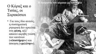 Ο Κόραξ και ο
Τισίας, οι
Συρακόσιοι
• Για τους δύο αυτούς,
η συστηματική
ρητορική δεν αρκείται
στη φύση, αλλ'
απαιτεί ακριβή γνώση
των κανόνων
(« πιστήμην»
ἐ ) και
άσκηση («μελέτην»).
Η διαφωνία του κόρακα με τον Τισία
 