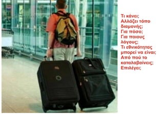 Τι κάνει;
Αλλάζει τόπο
διαμονής;
Για πόσο;
Για ποιους
λόγους;
Τι εθνικότητας
μπορεί να είναι;
Από πού το
καταλαβαίνεις;
Επιλέγει;
 