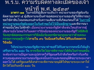 พ
พ.
.ร
ร.
.บ
บ.
. ความรับผิดทางละเมิดของเจ้า
ความรับผิดทางละเมิดของเจ้า
หน้าที่ พ
หน้าที่ พ.
.ศ
ศ.
. ๒๕๓๙
๒๕๓๙
มาตรา ๑๑ ในกรณีที่ผู้เสียหายเห็นว่า หน่วยงานของรัฐต้องรับ
ผิดตามมาตรา ๕ ผู้เสียหายจะยื่นคำขอต่อหน่วยงานของรัฐให้พิจารณา
ชดใช้ค่าสินไหมทดแทนสำหรับความเสียหายที่เกิดแก่ตนก็ได้ ในการนี้
หน่วยงานของรัฐต้องออกใบรับคำขอให้ไว้เป็นหลักฐานและพิจารณา
คำขอนั้นโดยไม่ชักช้า เมื่อหน่วยงานของรัฐมีคำสั่งเช่นใดแล้วหากผู้
เสียหายยังไม่พอใจในผลการวินิจฉัยของหน่วยงานของรัฐก็ให้มีสิทธิ
ร้องทุกข์ต่อคณะกรรมการวินิจฉัยร้องทุกข์ตามกฎหมายว่าด้วยคณะ
กรรมการกฤษฎีกาได้ภายใน ๙๐ วันนับแต่วันที่ตนได้รับแจ้งผลการ
วินิจฉัย
ให้หน่วยงานของรัฐพิจารณาคำขอที่ได้รับตามวรรคหนึ่งให้แล้ว
เสร็จภายใน ๑๘๐ วัน หากเรื่องใดไม่อาจพิจารณาได้ทันในกำหนดนั้น
จะต้องรายงานปัญหาและอุปสรรคให้รัฐมนตรีเจ้าสังกัดหรือกำกับหรือ
ควบคุมดูแลหน่วยงานของรัฐแห่งนั้นทราบและขออนุมัติขยายระยะเวลา
ออกไปได้ แต่รัฐมนตรีดังกล่าวจะพิจารณาอนุมัติให้ขยายระยะเวลาให้
อีกได้ไม่เกินหนึ่ง ๑๘๐ วัน 132
132
 