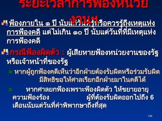 146
146
ฟ้องภายใน ๑ ปี นับแต่วันที่รู้หรือควรรู้ถึงเหตุแห่ง
ฟ้องภายใน ๑ ปี นับแต่วันที่รู้หรือควรรู้ถึงเหตุแห่ง
การฟ้องคดี
การฟ้องคดี แต่ไม่เกิน ๑๐ ปี นับแต่วันที่ที่มีเหตุแห่ง
แต่ไม่เกิน ๑๐ ปี นับแต่วันที่ที่มีเหตุแห่ง
การฟ้องคดี
การฟ้องคดี
กรณีฟ้องผิดตัว
กรณีฟ้องผิดตัว :
: ผู้เสียหายฟ้องหน่วยงานของรัฐ
ผู้เสียหายฟ้องหน่วยงานของรัฐ
หรือเจ้าหน้าที่ของรัฐ
หรือเจ้าหน้าที่ของรัฐ
■ หากผู้ถูกฟ้องคดีเห็นว่าอีกฝ่ายต้องรับผิดหรือร่วมรับผิด
มีสิทธิขอให้ศาลเรียกอีกฝ่ายมาในคดีได้
■ หากศาลยกฟ้องเพราะฟ้องผิดตัว ให้ขยายอายุ
หากศาลยกฟ้องเพราะฟ้องผิดตัว ให้ขยายอายุ
ความฟ้องร้อง ผู้ที่ต้องรับผิดออกไปถึง
ความฟ้องร้อง ผู้ที่ต้องรับผิดออกไปถึง 6
6
เดือนนับแต่วันที่คำพิพากษาถึงที่สุด
เดือนนับแต่วันที่คำพิพากษาถึงที่สุด
ระยะเวลาการฟ้องหน่วย
ระยะเวลาการฟ้องหน่วย
งานฯ
งานฯ
 