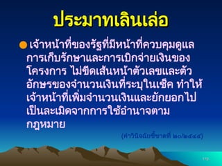 170
170
ประมาทเลินเล่อ
ประมาทเลินเล่อ
● เจ้าหน้าที่ของรัฐที่มีหน้าที่ควบคุมดูแล
การเก็บรักษาและการเบิกจ่ายเงินของ
โครงการ ไม่ขีดเส้นหน้าตัวเลขและตัว
อักษรของจำนวนเงินที่ระบุในเช็ค ทำให้
เจ้าหน้าที่เพิ่มจำนวนเงินและยักยอกไป
เป็นละเมิดจากการใช้อำนาจตาม
กฎหมาย
(คำวินิจฉัยชี้ขาดที่ ๒๐/๒๕๔๕)
 