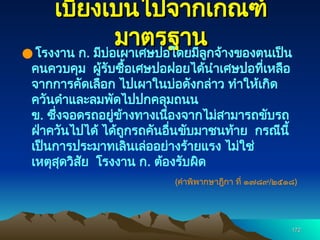 172
172
เบี่ยงเบนไปจากเกณฑ์
เบี่ยงเบนไปจากเกณฑ์
มาตรฐาน
มาตรฐาน
● โรงงาน ก. มีบ่อเผาเศษปอโดยมีลูกจ้างของตนเป็น
คนควบคุม ผู้รับซื้อเศษปอฝอยได้นำเศษปอที่เหลือ
จากการคัดเลือก ไปเผาในบ่อดังกล่าว ทำให้เกิด
ควันดำและลมพัดไปปกคลุมถนน
ข. ซึ่งจอดรถอยู่ข้างทางเนื่องจากไม่สามารถขับรถ
ฝ่าควันไปได้ ได้ถูกรถคันอื่นขับมาชนท้าย กรณีนี้
เป็นการประมาทเลินเล่ออย่างร้ายแรง ไม่ใช่
เหตุสุดวิสัย โรงงาน ก. ต้องรับผิด
(คำพิพากษาฎีกา ที่ ๑๗๘๙/๒๕๑๘)
 