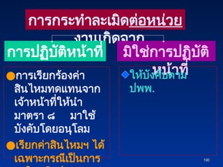 190
190
การกระทำละเมิดต่อหน่วย
งานเกิดจาก
การปฏิบัติหน้าที่ มิใช่การปฏิบัติ
หน้าที่
●การเรียกร้องค่า
สินไหมทดแทนจาก
เจ้าหน้าที่ให้นำ
มาตรา ๘ มาใช้
บังคับโดยอนุโลม
●เรียกค่าสินไหมฯ ได้
เฉพาะกรณีเป็นการ
ให้บังคับตาม
ปพพ.
 