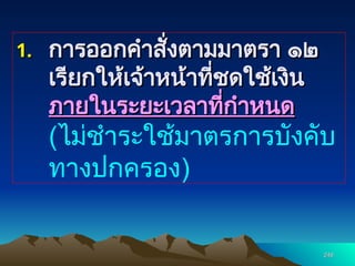 246
246
1.
1. การออกคำสั่งตามมาตรา ๑๒
การออกคำสั่งตามมาตรา ๑๒
เรียกให้เจ้าหน้าที่ชดใช้เงิน
เรียกให้เจ้าหน้าที่ชดใช้เงิน
ภายในระยะเวลาที่กำหนด
ภายในระยะเวลาที่กำหนด
(ไม่ชำระใช้มาตรการบังคับ
ทางปกครอง)
 
