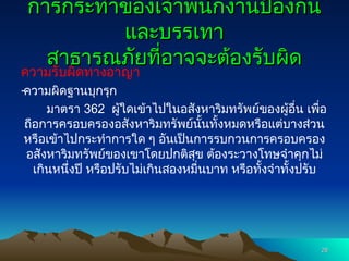 การกระทำของเจ้าพนักงานป้องกัน
การกระทำของเจ้าพนักงานป้องกัน
และบรรเทา
และบรรเทา
สาธารณภัยที่อาจจะต้องรับผิด
สาธารณภัยที่อาจจะต้องรับผิด
ความรับผิดทางอาญา
-ความผิดฐานบุกรุก
มาตรา 362 ผู้ใดเข้าไปในอสังหาริมทรัพย์ของผู้อื่น เพื่อ
ถือการครอบครองอสังหาริมทรัพย์นั้นทั้งหมดหรือแต่บางส่วน
หรือเข้าไปกระทำการใด ๆ อันเป็นการรบกวนการครอบครอง
อสังหาริมทรัพย์ของเขาโดยปกติสุข ต้องระวางโทษจำคุกไม่
เกินหนึ่งปี หรือปรับไม่เกินสองหมื่นบาท หรือทั้งจำทั้งปรับ
28
28
 