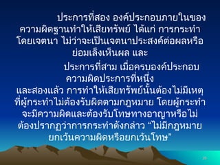 ประการที่สอง องค์ประกอบภายในของ
ความผิดฐานทำให้เสียทรัพย์ ได้แก่ การกระทำ
โดยเจตนา ไม่ว่าจะเป็นเจตนาประสงค์ต่อผลหรือ
ย่อมเล็งเห็นผล และ
ประการที่สาม เมื่อครบองค์ประกอบ
ความผิดประการที่หนึ่ง
และสองแล้ว การทำให้เสียทรัพย์นั้นต้องไม่มีเหตุ
ที่ผู้กระทำไม่ต้องรับผิดตามกฎหมาย โดยผู้กระทำ
จะมีความผิดและต้องรับโทษทางอาญาหรือไม่
ต้องปรากฏว่าการกระทำดังกล่าว “ไม่มีกฎหมาย
ยกเว้นความผิดหรือยกเว้นโทษ”
35
35
 