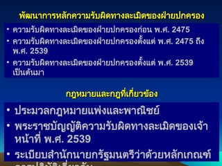 พัฒนาการหลักความรับผิดทางละเมิดของฝ่ายปกครอง
พัฒนาการหลักความรับผิดทางละเมิดของฝ่ายปกครอง
• ความรับผิดทางละเมิดของฝ่ายปกครองก่อน พ.ศ. 2475
• ความรับผิดทางละเมิดของฝ่ายปกครองตั้งแต่ พ.ศ. 2475 ถึง
พ.ศ. 2539
• ความรับผิดทางละเมิดของฝ่ายปกครองตั้งแต่ พ.ศ. 2539
เป็นต้นมา
49
49
กฎหมายและกฎที่เกี่ยวข้อง
กฎหมายและกฎที่เกี่ยวข้อง
• ประมวลกฎหมายแพ่งและพาณิชย์
• พระราชบัญญัติความรับผิดทางละเมิดของเจ้า
หน้าที่ พ.ศ. 2539
• ระเบียบสำนักนายกรัฐมนตรีว่าด้วยหลักเกณฑ์
 