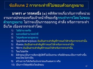 ข้อสังเกต
ข้อสังเกต 2
2 การกระทำที่ไม่ชอบด้วยกฎหมาย
การกระทำที่ไม่ชอบด้วยกฎหมาย
มาตรา ๙ วรรคหนึ่ง (๑) คดีพิพาทเกี่ยวกับการที่หน่วย
งานทางปกครองหรือเจ้าหน้าที่ของรัฐกระทำการโดยไม่ชอบ
ด้วยกฎหมาย ไม่ว่าจะเป็นการออกกฎ คำสั่ง หรือการกระทำ
อื่นใด เนื่องจากกระทำโดย
1) ไม่มีอำนาจหรือ
2) นอกเหนืออำนาจหน้าที่
3) ไม่ถูกต้องตามกฎหมาย
4) ไม่ถูกต้องตามรูปแบบ อันเป็นสาระสำคัญที่กำหนดไว้สำหรับการกระทำนั้น
5) ขั้นตอน อันเป็นสาระสำคัญที่กำหนดไว้สำหรับการกระทำนั้น
6) วิธีการ อันเป็นสาระสำคัญที่กำหนดไว้สำหรับการกระทำนั้น
7) โดยไม่สุจริต
8) มีลักษณะเป็นการเลือกปฏิบัติที่ไม่เป็นธรรม หรือมีลักษณะเป็นการสร้างขั้น
ตอนโดยไม่จำเป็น
9) สร้างภาระให้เกิดกับประชาชนเกินสมควร หรือ
10) เป็นการใช้ดุลพินิจโดยมิชอบ
67
67
 