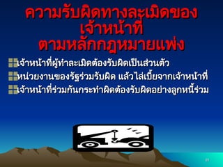 91
91
ความรับผิดทางละเมิดของ
ความรับผิดทางละเมิดของ
เจ้าหน้าที่
เจ้าหน้าที่
ตามหลักกฎหมายแพ่ง
ตามหลักกฎหมายแพ่ง
เจ้าหน้าที่ผู้ทำละเมิดต้องรับผิดเป็นส่วนตัว
เจ้าหน้าที่ผู้ทำละเมิดต้องรับผิดเป็นส่วนตัว
หน่วยงานของรัฐร่วมรับผิด แล้วไล่เบี้ยจากเจ้าหน้าที่
หน่วยงานของรัฐร่วมรับผิด แล้วไล่เบี้ยจากเจ้าหน้าที่
เจ้าหน้าที่ร่วมกันกระทำผิดต้องรับผิดอย่างลูกหนี้ร่วม
เจ้าหน้าที่ร่วมกันกระทำผิดต้องรับผิดอย่างลูกหนี้ร่วม
 