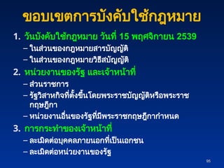 ขอบเขตการบังคับใช้กฎหมาย
1. วันบังคับใช้กฎหมาย วันที่ 15 พฤศจิกายน 2539
– ในส่วนของกฎหมายสารบัญญัติ
– ในส่วนของกฎหมายวิธีสบัญญัติ
2. หน่วยงานของรัฐ และเจ้าหน้าที่
– ส่วนราชการ
– รัฐวิสาหกิจที่ตั้งขึ้นโดยพระราชบัญญัติหรือพระราช
กฤษฎีกา
– หน่วยงานอื่นของรัฐที่มีพระราชกฤษฎีกากำหนด
3. การกระทำของเจ้าหน้าที่
– ละเมิดต่อบุคคลภายนอกที่เป็นเอกชน
– ละเมิดต่อหน่วยงานของรัฐ
95
95
 