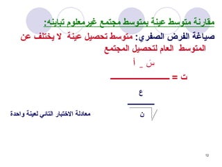 12
:‫تباينه‬ ‫غيرمعلوم‬ ‫مجتمع‬ ‫بمتوسط‬ ‫عينة‬ ‫متوسط‬ ‫مقارنة‬
:‫الصفري‬ ‫الفرض‬ ‫صياغة‬
‫عن‬ ‫يختلف‬ ‫ال‬ ‫عينة‬ ‫تحصيل‬ ‫متوسط‬
‫المجتمع‬ ‫لتحصيل‬ ‫العام‬ ‫المتوسط‬
َ
‫س‬
_
‫أ‬
‫ــــــــــــــــــــــــــــــ‬ = ‫ت‬
‫ع‬
‫ــــــــــــــــــ‬
‫ن‬
‫واحدة‬ ‫لعينة‬ ‫التائي‬ ‫االختبار‬ ‫معادلة‬
 