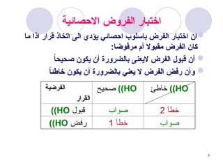 5
‫االحصائية‬ ‫الفروض‬ ‫اختبار‬

‫ما‬ ‫اذا‬ ‫قرار‬ ‫اتخاذ‬ ‫الى‬ ‫يؤدي‬ ‫احصائي‬ ‫باسلوب‬ ‫الفرض‬ ‫اختبار‬ ‫ان‬
:‫مرفوضا‬ ‫أم‬ ‫مقبوال‬ ‫الفرض‬ ‫كان‬

ً
‫ا‬‫صحيح‬ ‫يكون‬ ‫أن‬ ‫بالضرورة‬ ‫اليعنى‬ ‫الفرض‬ ‫قبول‬ ‫أن‬

ً
‫ا‬‫خاطئ‬ ‫يكون‬ ‫أن‬ ‫بالضرورة‬ ‫يعني‬ ‫ال‬ ‫الفرض‬ ‫رفض‬ ‫وأن‬
HO
)
)
‫خاطئ‬
HO
)
)
‫صحيح‬
‫الفرضية‬
‫القرار‬
‫خطأ‬
2
‫صواب‬
‫قبول‬
HO
)
)
‫صواب‬
‫خطأ‬
1
‫رفض‬
HO
)
)
 
