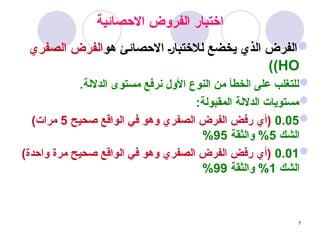 7
‫االحصائية‬ ‫الفروض‬ ‫اختبار‬

‫هو‬ ‫االحصائئ‬ _‫ر‬‫لالختبا‬ ‫يخضع‬ ‫الذي‬ ‫الفرض‬
‫الصفري‬ ‫الفرض‬
HO
)
)

.‫الداللة‬ ‫مستوى‬ ‫نرفع‬ ‫األول‬ ‫النوع‬ ‫من‬ ‫الخطأ‬ ‫على‬ ‫للتغلب‬

:‫المقبولة‬ ‫الداللة‬ ‫مستويات‬

0.05
‫صحيح‬ ‫الواقع‬ ‫في‬ ‫وهو‬ ‫الصفري‬ ‫الفرض‬ ‫رفض‬ ‫(أي‬
5
)‫مرات‬
‫الشك‬
5
‫والثقة‬ %
95
%

0.01
)‫واحدة‬ ‫مرة‬ ‫صحيح‬ ‫الواقع‬ ‫في‬ ‫وهو‬ ‫الصفري‬ ‫الفرض‬ ‫رفض‬ ‫(أي‬
‫الشك‬
1
‫والثقة‬ %
99
%
 