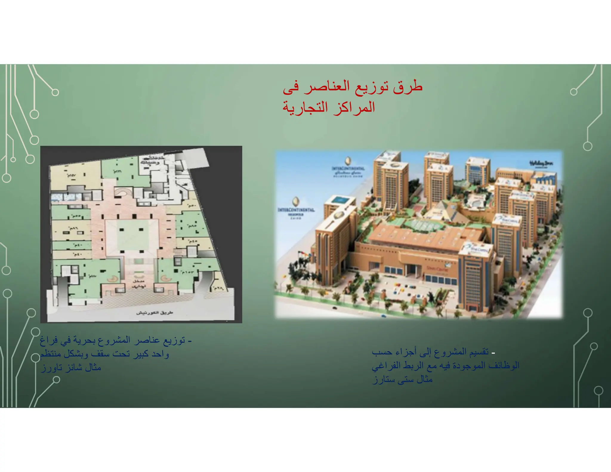 ‫فى‬ ‫العناصر‬ ‫توزيع‬ ‫طرق‬
‫التجارية‬ ‫المراكز‬
-
‫حسب‬ ‫أجزاء‬ ‫إلى‬ ‫المشروع‬ ‫تقسيم‬
‫الفراغي‬ ‫الربط‬ ‫مع‬ ‫فيه‬ ‫الموجودة‬ ‫الوظائف‬
‫ستارز‬ ‫ستى‬ ‫مثال‬
-
‫فراغ‬ ‫في‬ ‫بحرية‬ ‫المشروع‬ ‫عناصر‬ ‫توزيع‬
‫منتظم‬ ‫وبشكل‬ ‫سقف‬ ‫تحت‬ ‫كبير‬ ‫واحد‬
‫تاورز‬ ‫شانز‬ ‫مثال‬
 