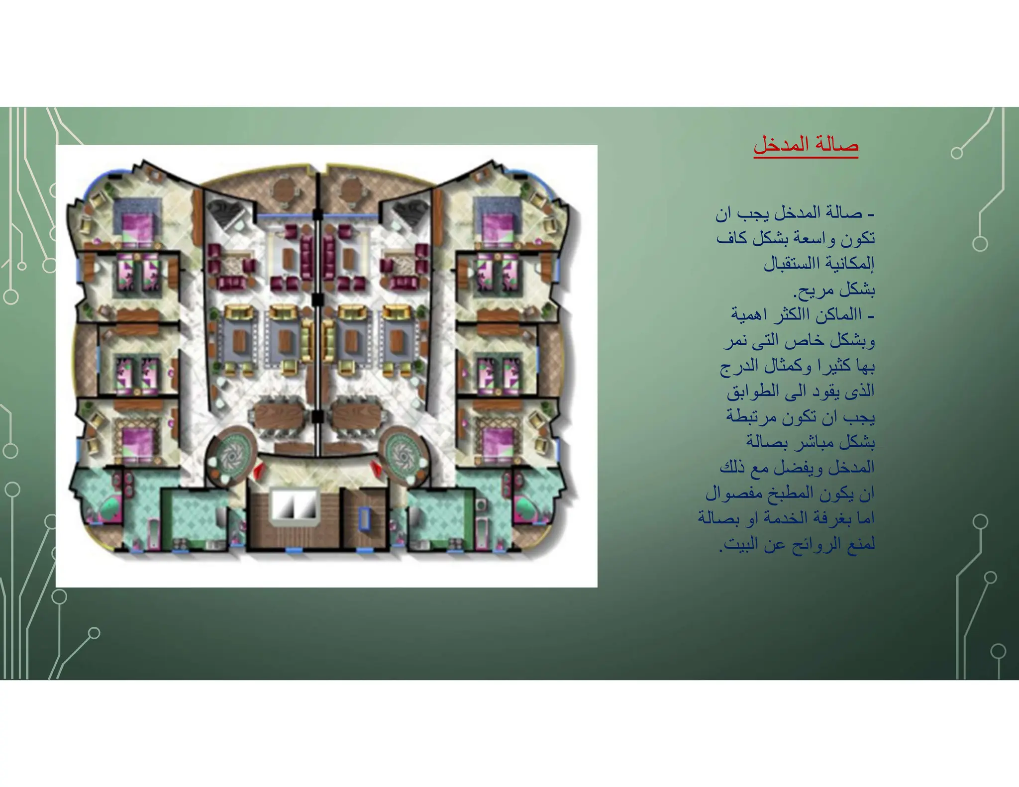 ‫المدخل‬ ‫صالة‬
-
‫ان‬ ‫يجب‬ ‫المدخل‬ ‫صالة‬
‫كاف‬ ‫بشكل‬ ‫واسعة‬ ‫تكون‬
‫االستقبال‬ ‫إلمكانية‬
‫مريح‬ ‫بشكل‬
.
-
‫اهمية‬ ‫االكثر‬ ‫االماكن‬
‫نمر‬ ‫التى‬ ‫خاص‬ ‫وبشكل‬
‫الدرج‬ ‫وكمثال‬ ‫كثيرا‬ ‫بها‬
‫الطوابق‬ ‫الى‬ ‫يقود‬ ‫الذى‬
‫مرتبطة‬ ‫تكون‬ ‫ان‬ ‫يجب‬
‫بصالة‬ ‫مباشر‬ ‫بشكل‬
‫ذلك‬ ‫مع‬ ‫ويفضل‬ ‫المدخل‬
‫مفصوال‬ ‫المطبخ‬ ‫يكون‬ ‫ان‬
‫بصالة‬ ‫او‬ ‫الخدمة‬ ‫بغرفة‬ ‫اما‬
‫البيت‬ ‫عن‬ ‫الروائح‬ ‫لمنع‬
.
 