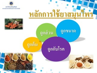 หลักการใช้ยาสมุนไพร
ถูกต้น
ถูกส่วน ถูกขนาด
ถูกกับโรค
 