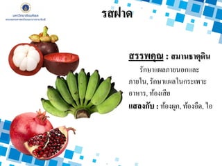 รสฝาด
สรรพคุณ : สมานธาตุดิน
รักษาแผลภายนอกและ
ภายใน, รักษาแผลในกระเพาะ
อาหาร, ท้องเสีย
แสลงกับ : ท้องผูก, ท้องอืด, ไอ
 
