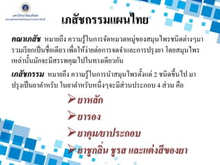 คณาเภสัช หมายถึง ความรู้ในการจัดหมวดหมู่ของสมุนไพรชนิดต่างๆมา
รวมเรียกเป็นชื่อเดียว เพื่อให้ง่ายต่อการจดจาและการปรุงยา โดยสมุนไพร
เหล่านั้นมักจะมีสรรพคุณไปในทางเดียวกัน
เภสัชกรรม หมายถึง ความรู้ในการนาสมุนไพรตั้งแต่ 2 ชนิดขึ้นไป มา
ปรุงเป็นยาตาหรับ ในยาตาหรับหนึ่งๆจะมีส่วนประกอบ 4 ส่วน คือ
ยาหลัก
ยารอง
ยาคุม/ยาประกอบ
ยาชูกลิ่น ชูรส และแต่งสีของยา
เภสัชกรรมแผนไทย
 